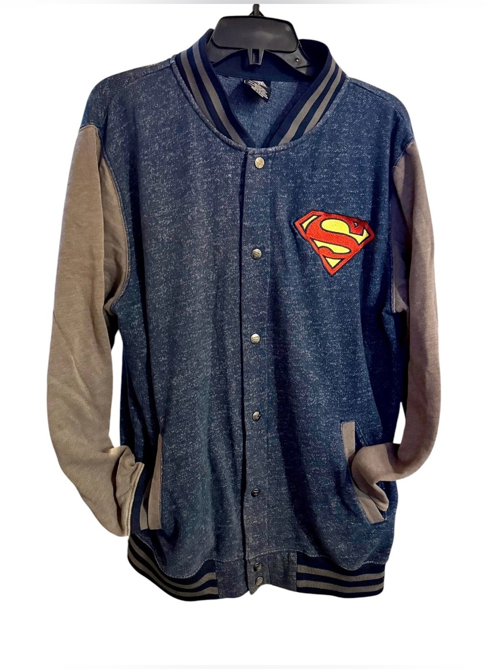 Superman DC Comics Mens Blue Grey Varsity Bomber Jacket Logo Snaps